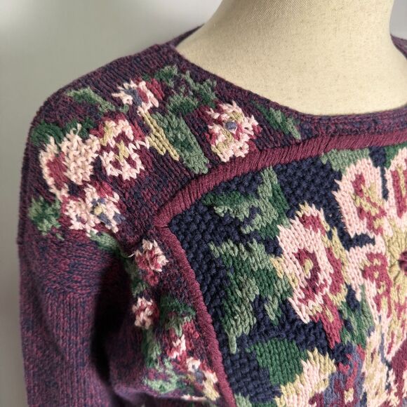 Vintage Maurices Sweater, Size Med, Hand Knitted, Purple & Pink Floral Pattern - Picture 3 of 12